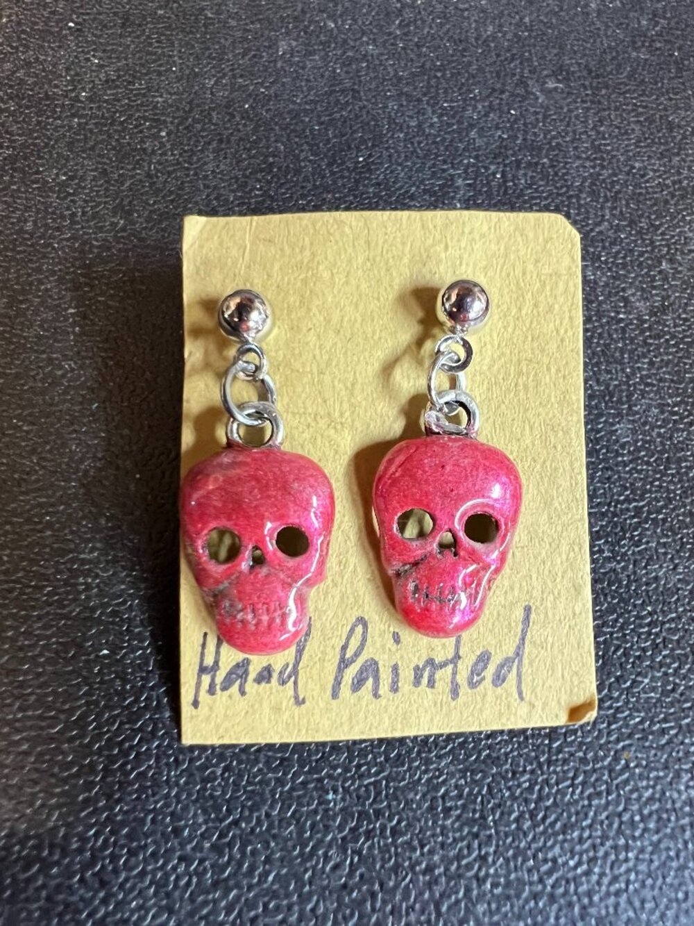 Hand Painted Red Skull Dangle Earrings, Halloween, Goth